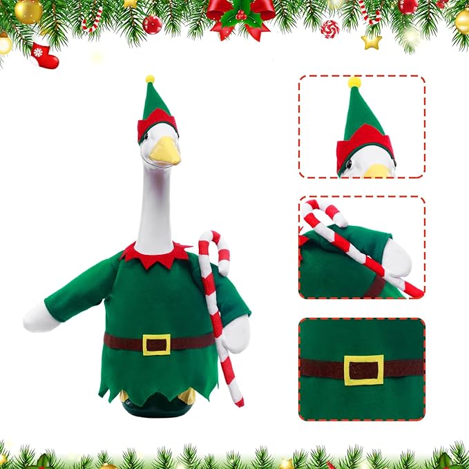 Christmas Toy Soldier Style Porch Goose Outfits,2 Pcs/Set Goose Clothes with Pointed Hat and Candy Cane Fits 23" Lawn Goose Statue,Green Christmas Outdoor Goose Costume,Yard Patio Garden Xmas Decor