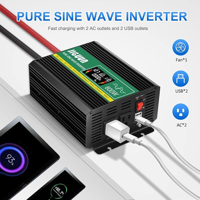 Pure Sine Wave Inverter,600W 12V to 110V Power Inverter Converter,USB Output LCD Display for Home Camping RV Emergency Appliance with Protective Cap