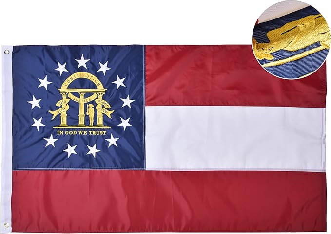 Georgia State Flag 3x5 Ft Deluxe Full Embroidered Premium Polyester Durable GA Outside Flag with Sewn Stripes and Brass Grommets for Indoor/Outdoor