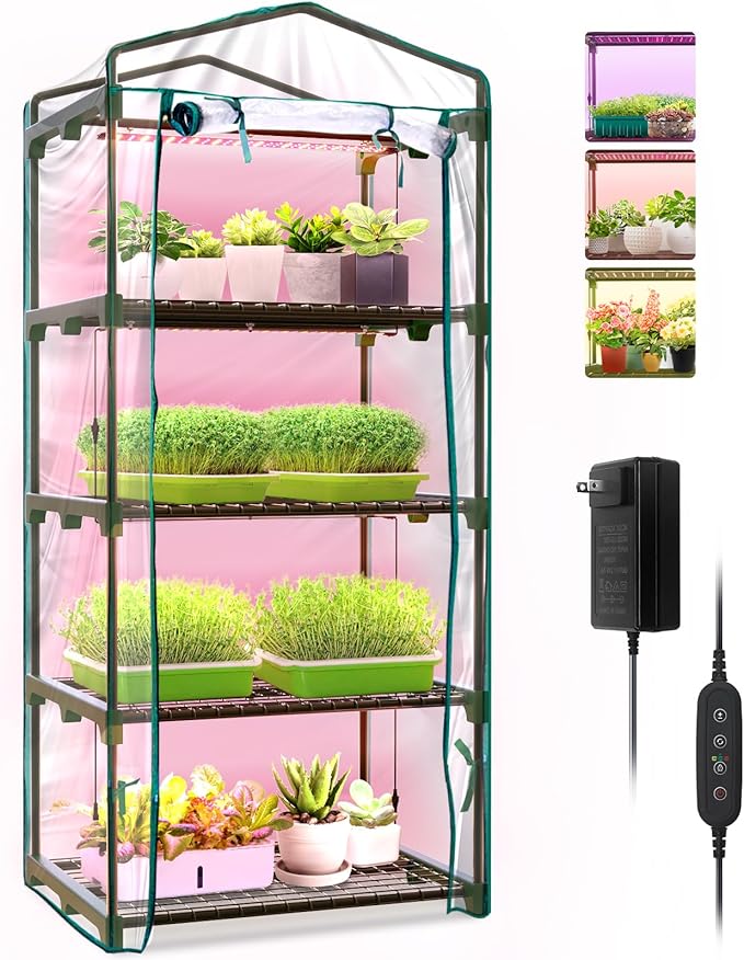 Bstrip Indoor Greenhouse with Grow Lights, 4 Tier 27.2" L×19.9" W×61.8" H Mini Greenhouse with Zippered PVC Cover for Seed Starting Trays, Dimmable 2FT 60W Plant Light for Indoor Plants with Timer