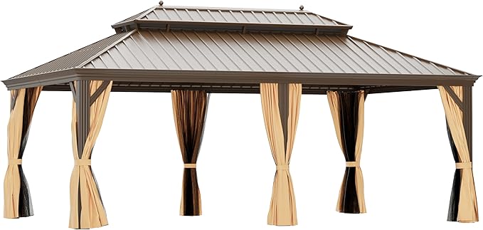 14'x20' Hardtop Gazebo Outdoor Aluminum Patio Gazebo Double Roof Galvanized Steel Canopy with Netting and Curtains for Garden, Backyard,Deck and Lawns