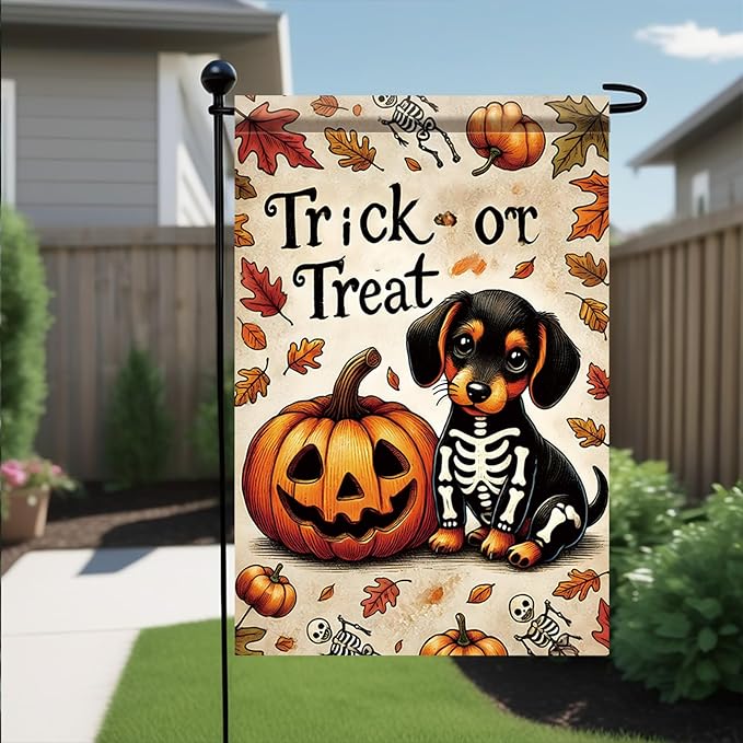 Halloween Garden Flag Beagle Trick or Treat Flag 12x18 Inches Double Sided Pumpkin Yard Banner for Outdoor Fall Lawn Porch Holiday Decoration Cute Pet Autumn Seasonal House Decor