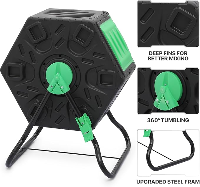 MoNiBloom 17 Gallon Single Compost Tumbler, BPA Free Outdoor Light Weight Compost Bin w/Sliding Door, All-Season Fast Working Rotating Chamber Composters for Garden Patio