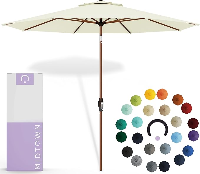 Midtown Umbrellas Sunbrella Umbrella Outdoor Patio Umbrella 2-9 Feet in Canvas Natural Acrylic Fabric, Auto-Tilt Aluminum Frame For Backyard Umbrella, Deck Umbrella & Porch Umbrella - Wooden Pole