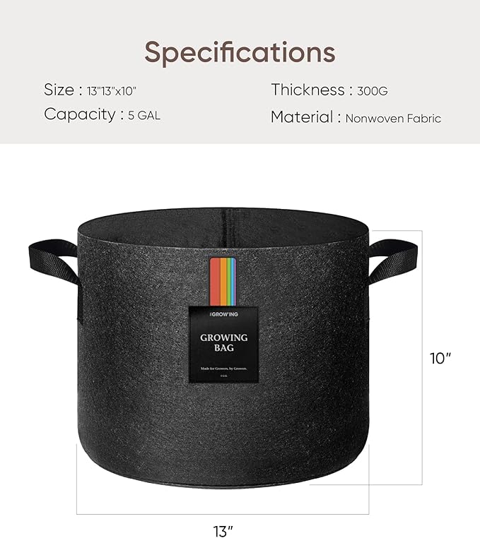 The Growing 5 Pack 5 Gallon Fabric Grow Bags，Thickened Aeration Nonwoven Fabric Plant Pots with Durable Handles,Heavy Duty 300G Planter Pot for Tomato, Fruits, Vegetables and Flowers, Black