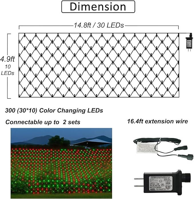 Pooqla Christmas Net Lights, 300LED Outdoor Net Mesh Lights, 14.8x4.9 ft Fairy String Lights 8 Modes Green Wire, Connectable Waterproof Decorative for Bushes Tree Garden Halloween, Red and Green