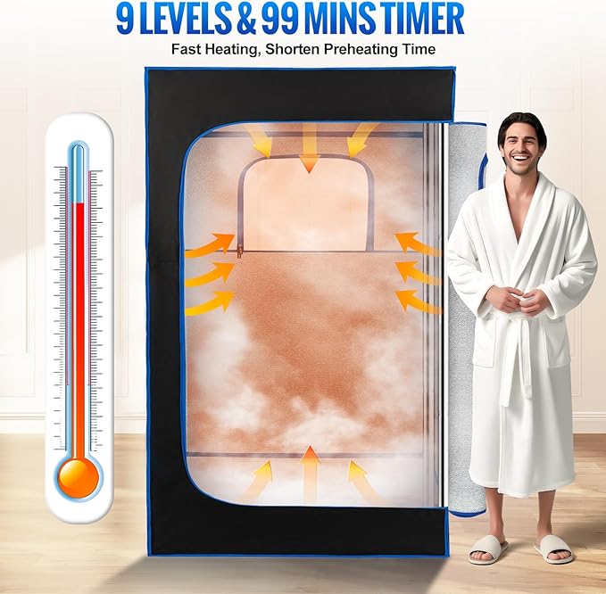 Upgraded Portable Sauna Box for Relaxation, Steam Sauna Tent for Home with Steamer, Remote Control, Folding Chair, 9 Levels, 2.6’ x 2.6’ x 5.9’