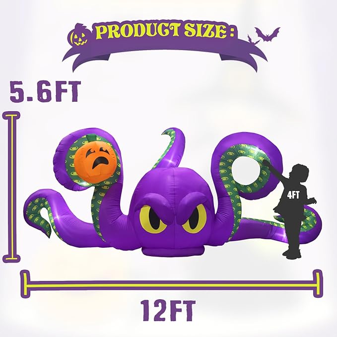 12Ft Halloween Inflatables Giant Octopus Purple Sticky Pumpkin LED Light Blow up Halloween Decor for Carnival Party Store Outdoor Yard Lawn Decorations