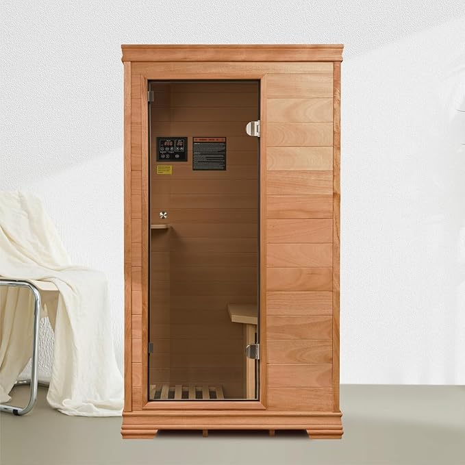 Far Infrared Sauna Room for 1 Person, Low EMF 960W/120V with Elevated Base, 6 Heating Panels, Built-in Speakers, Tea Tray, Control Panel, 35 × 27 × 61 Inch (35 * 27 * 61 Inch)