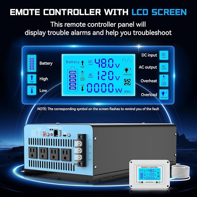 New 48V 4000 Watts Pure Sine Wave Inverter, 48V DC to 110V/120V AC Power Inverter with 4 AC Outlets, USB Port, Type-C Port for Truck, Vehicle, Power Outage, Remote Control with LCD Screen