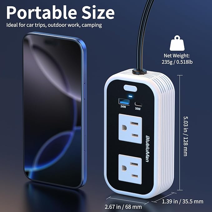 200W Car Power Inverter, Blubluman DC 12V to 110V AC Car Plug Adapter Outlet with 30W PD Charger, QC3.0 Fast Charger 24W, Power Inverter for Vehicles, Outlet for Laptop Computer Charger