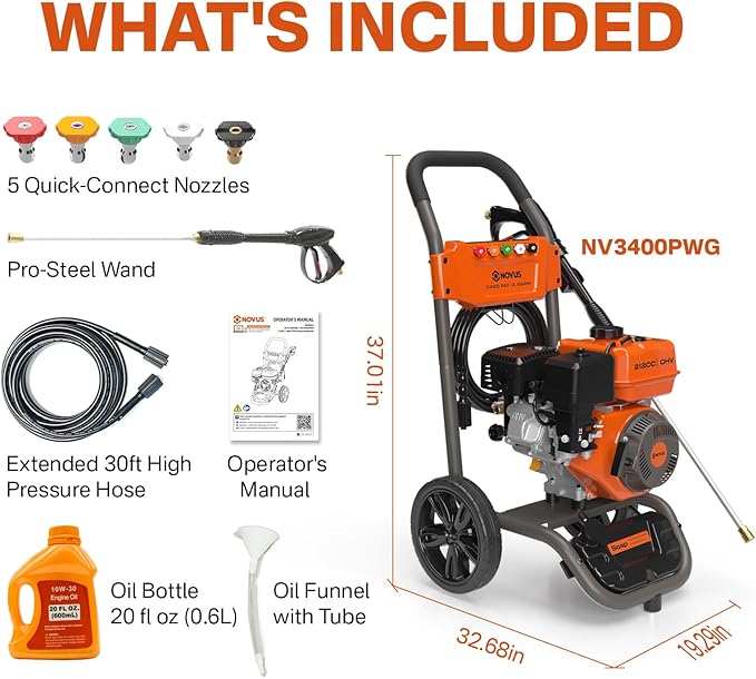NOVUS Gas Pressure Washer 3400 PSI, 2.6 GPM Power Washer with 30FT Extra-Long Hose, 5 Nozzles, Onboard Soap Tank, 212CC Engine, Spray Gun and Wand, for Vehicles Driveways Patios Fences Furniture