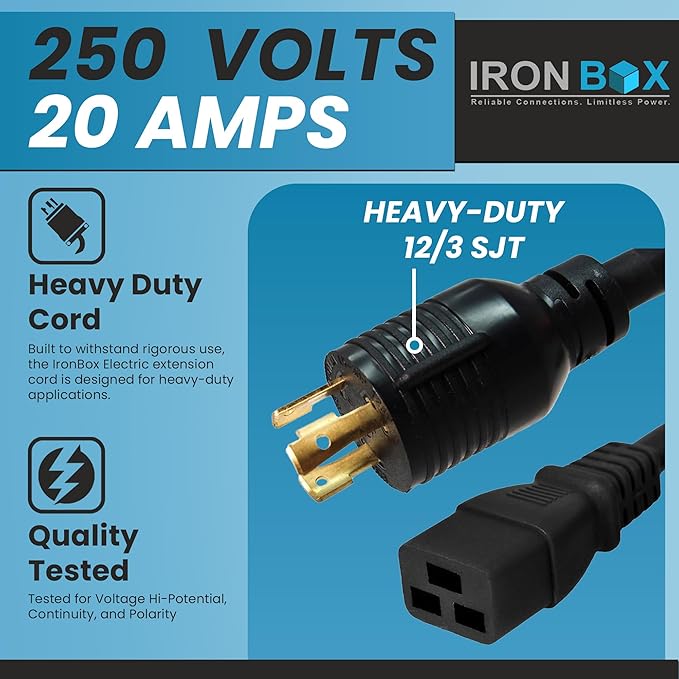 IronBox Electric NEMA L6-30P to C19 Power Cord - 20Amp, 250V, 12/3 SJT - UL Listed Heavy Duty Power Extension Cable for Generator, Data Centers, Outdoor Use, High-Powered Applications & More (8 ft)