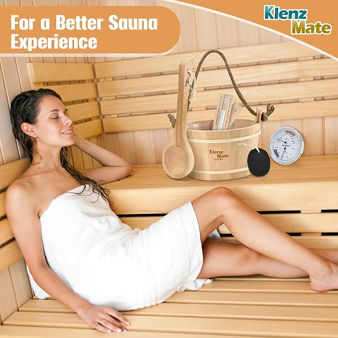 6 Pcs Sauna Accessories Kit, Bucket and Ladle Set, Thermo-Hygrometer, Sauna Hourglass, Brush, Exfoliating Volcanic Rocks, Sauna Set, Wooden Sauna Bucket, 1 Gallon (4 L) Water Capacity, Handmade