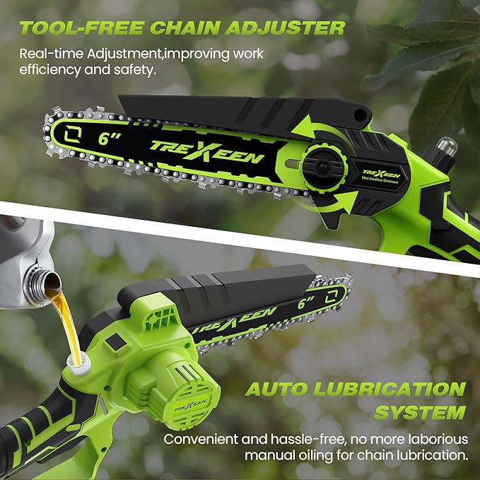 Mini Chainsaw, 6-Inch Electric Chainsaw Cordless, Upgraded 900W Brushless Portable Handheld Small Chain Saw with Auto Chain Regulator & Auto Oiler for Wood Cutting/TreeTrimming/Courtyard (Green)
