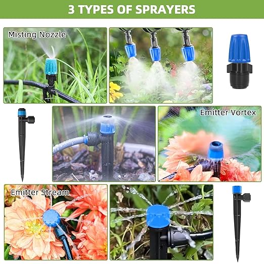 124.6FT Quick Connector Drip Irrigation System Kits Automatic Garden Watering Sprinkler with 1/2 &1/4 inch Tubing Hose Patio Misting Plant Irrigation Equipment for Indoor Greenhouse Flower Beds Lawn