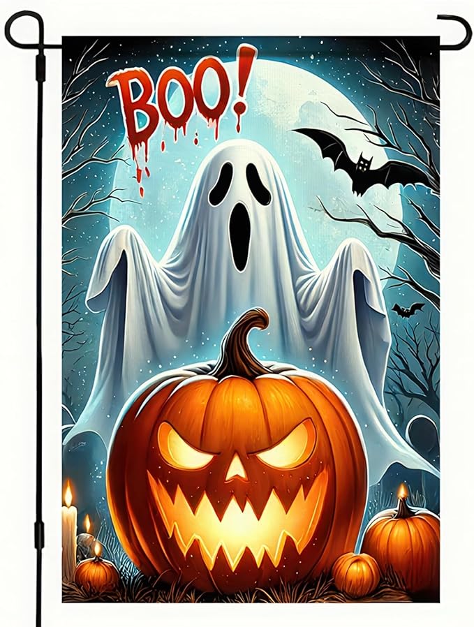 Halloween Garden Flag 12x18 Double Sided Happy Halloween BOO Ghost Flag Samll Pumpkins Flags Decorations Outdoor Home Banners Yard Flags Farmhouse