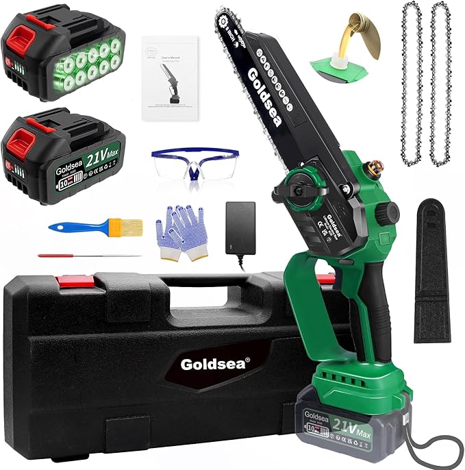 Mini Chainsaw Cordless 8 Inch, Goldsea Electric Hand Chain Saw with 2 Pack 4000mAh 21V Battery, Small Chainsaw Powered Saw for Garden Yard Cutting Wood/Tree Tools Best Gifts for Dad, Husband