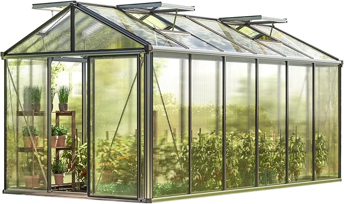 Greenhouse Diamas 24 Premium 7.7 x 15.1 ft with Approx. 16 mm Polycarbonate Panels, Natural Aluminum Color