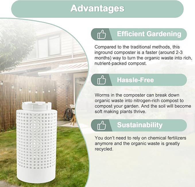 Inground Worm Farm Composter, Outdoor In-Ground Worm Compost Bin for Raised Garden Beds and Yards, In Ground Composting Bin 2 Gallons for Recycling Scraps, 6.3"x6.3"x12", BPA Free, White