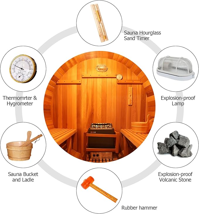 Outdoor Barrel Steam Sauna, 4-6 Person Wood Sauna Room with 220V，6kw Toule Sauna Heater with Sauna Stone, Canadian Helmock Wooden Sauna, Sauna Accessories and Asphalt Shingle Roof (Helmock)