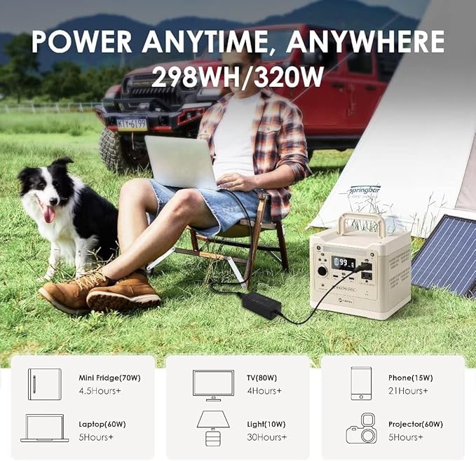 RAINBOW Portable Power Station 320W, 298Wh Backup LiFePO4 Battery, 2 x 110V/320W(Peak 640W) AC Outlets, Solar Generator for Outdoor Camping, Quick Charge for Home, Hiking