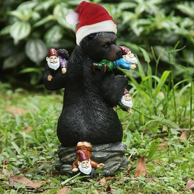 Garden Gnome Figurine Bear Eat Gnomes Statues, Funny Garden Statue for Christmas Outdoor Decoration