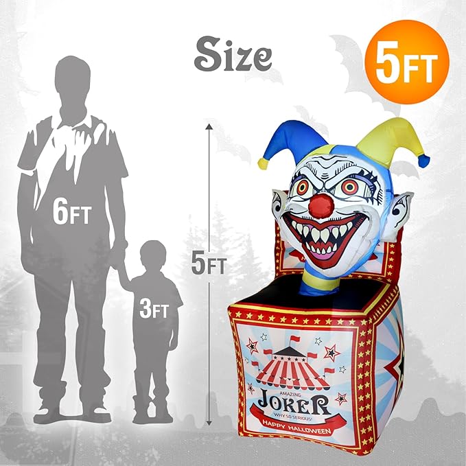 WBHome 5 Ft Halloween Inflatable Circus Clown Box Outdoor Decorations, Blow Up Yard Decor with Built-in LED Light (Plug in) for Lawn Home Party Indoor Outdoor