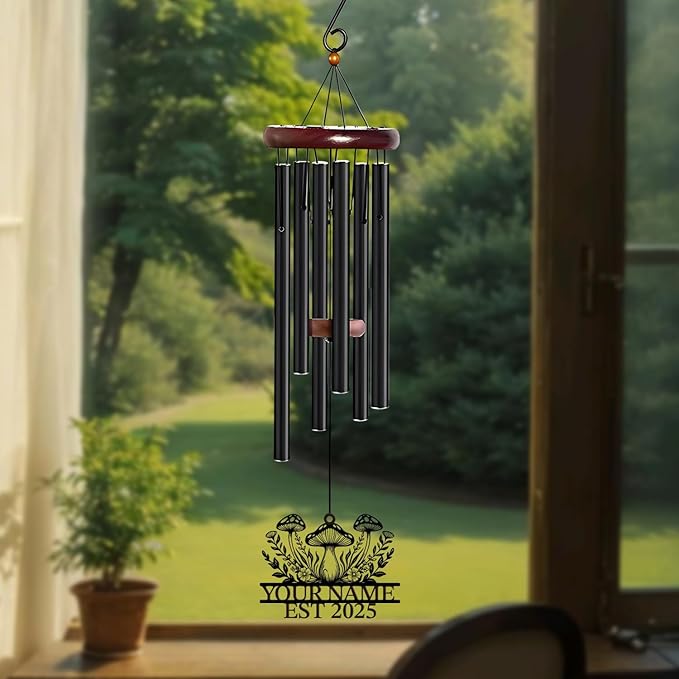 Personalized Customize Name Fantasy Mushroom Wonderland Wind Chime, Metal Iron 37 Inch Outdoor Memorial Gift for Garden Yard Patio Home Decor, Black (Style A)