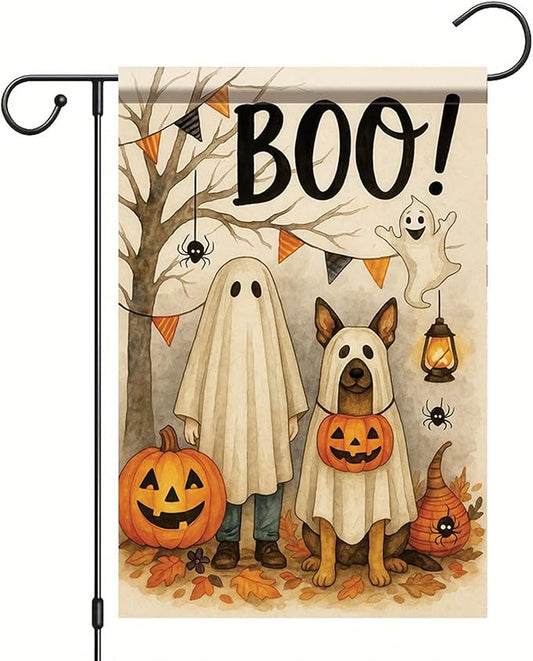 Halloween Garden Flag Ghost Costume Dog Flag 12x18 Inch Double-Sided Pumpkin Boo Yard Banner Fall Outdoor Decoration for Porch Lawn Pathway Trick or Treat Dog Lover Gift