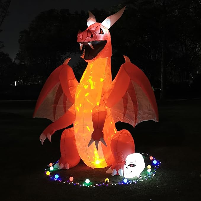DearSun 8FT H Halloween Inflatable Dragon with Skull Next to The Foot, Blow up Dragon Inflatable with Red Flame lamp Inside Outdoor Decorations Large Party Yard Decoration