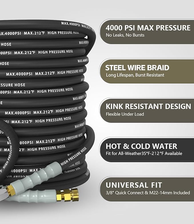 Pressure Washer Hose 50FT 4000 PSI, Kink Resistant Steel Braided Layer & NonMarking Rubber for Hot/Cold Water, High Power Washer Hose With 3/8 Inch Quick Connect & M22 Fitting, Black