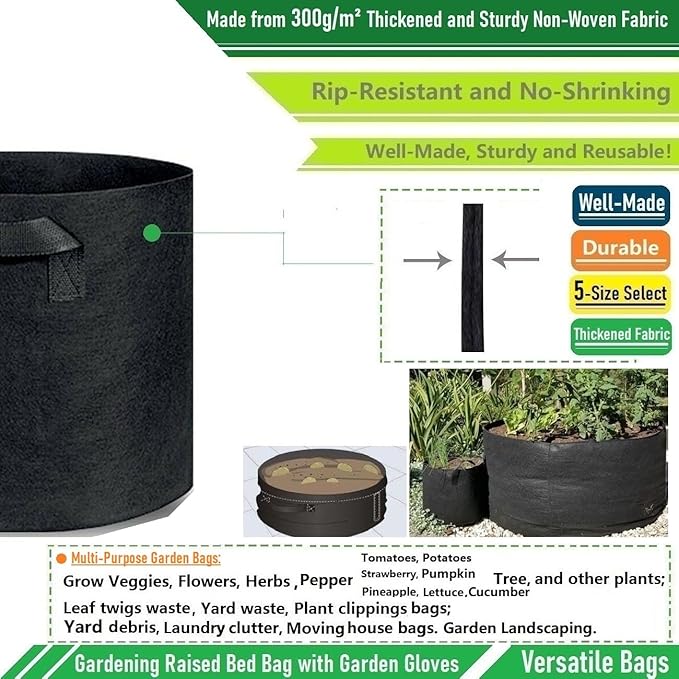150 Gallon Large Raised Garden Bed Bag (44x24 inch) Big Garden Bag Sturdy Plant Grow Bag for Potato,Tomato Planter,Herb Veggies Planter Bag,Flower Bed,Yard Waste Bag,Lawn Debris Bag,Leaf Bag W/ Gloves