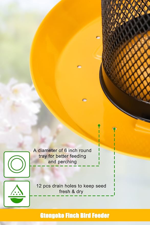 Gtongoko Finch Bird Feeders for Outdoors 2.5 LB Capacity Squirrel Proof Metal Tube Bird Feeders Thistle & Nyjer Seed Hanging Feeder, Yellow, 1 Pack