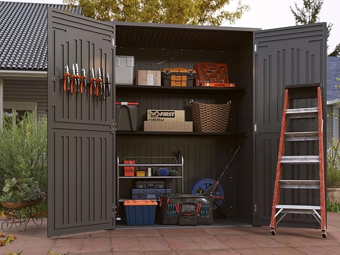 Vertical Resin Storage Shed with 2 Shelves, 60 Cuft Garden Tool Sheds & Outdoor Storage, Plastic Outdoor Storage Cabinet Waterproof, 4.5 x 2.3 ft Backyard Outside Lawn Mower Storage Shed, Grey
