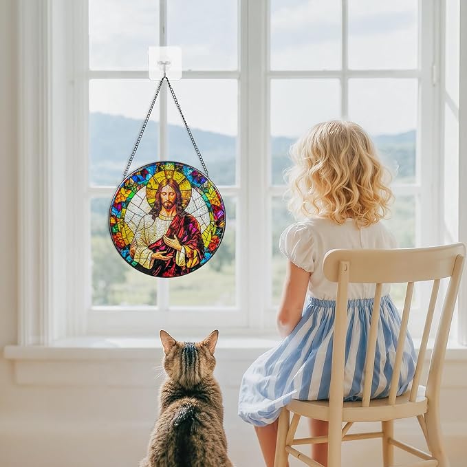 Suncatcher Stained Glass Window Hanging - Jesus Christ Glass Panel with Metal Chain and Hooks Handmade Sun Catcher Decoration for Window Garden Home Christmas & Birthday Gifts (8 Inch)