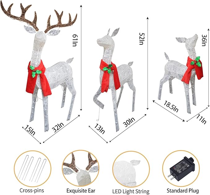 61" 3D Christmas Reindeer Family Set - Light Up Outdoor Decorations With White Lights