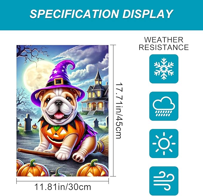Halloween Pug Garden Flag, Scary Dog in Witch Hat and Pumpkin Costume, 12x18" Double Sided Small Halloween Flag Outdoor Yard Lawn Decoration