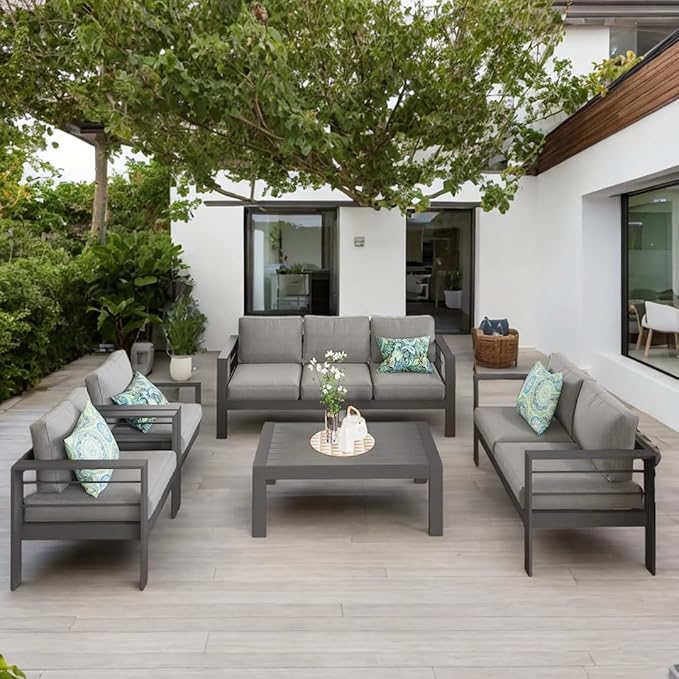Solaste Aluminum Patio Furniture Set for All Weather, Oversized Metal Outdoor Furniture Set with 27.5" Deep Seating and 3.2" Wide Armrest, Outdoor Patio Conversation Set with 5" Cushion, Grey