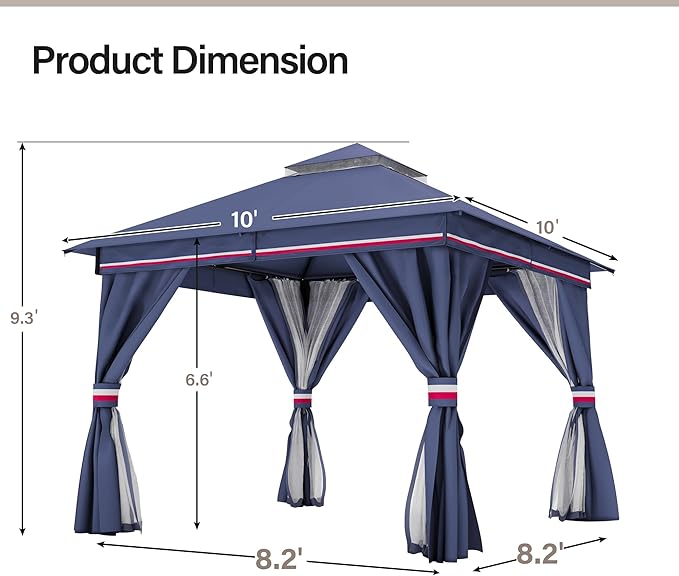 LAUSAINT HOME Outdoor Patio Gazebo 10'x10' with Expansion Bolts, Heavy Duty Gazebos Shelter Party Tent with Double Roofs, Mosquito Nettings and Privacy Screens for Backyard, Garden, Lawn, Elegant Blue
