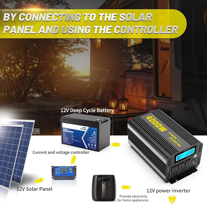 4000 Watt Modified Sine Wave Power Inverter, 12V DC to AC 110V/120V (Peak) 8000W Converter 3 Outlet Car Inverter with Remote Control and LED Display 3.4A USB Port