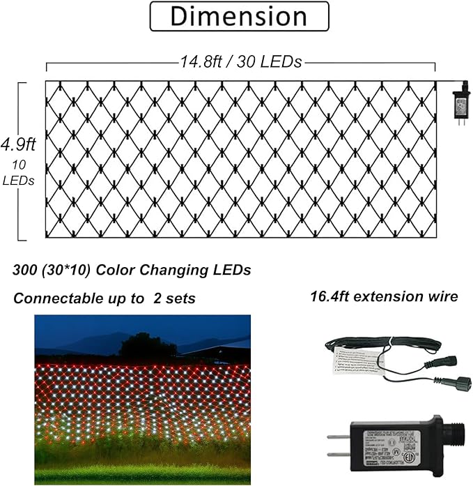 Pooqla Christmas Net Lights, 300LED Outdoor Net Mesh Lights, 14.8x4.9 ft Fairy String Lights 8 Modes Green Wire, Connectable Waterproof Decorative for Bushes Tree Garden Halloween, Red and White