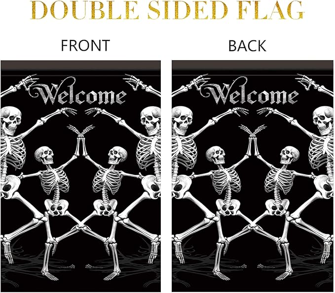 Halloween Garden Flag Dancing Skeleton Welcome Flag 12x18 Inch Double Sided Gothic Outdoor House Yard Banner for Lawn Porch Patio Spooky Skull Holiday Decoration Black Background Decor