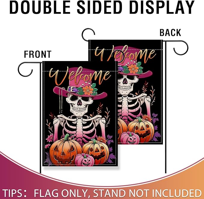 Artofy Welcome Halloween Gothic Skeleton Small Decorative Garden Flag, Pink Scary Skull Jack O Lantern Pumpkin Yard Lawn Outside Decor, Horror Flowers Burlap Outdoor Home Decoration Double Sided 12x18