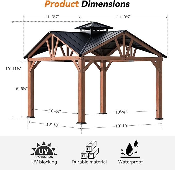 Modern Shade Cedar Wood Gazebo 12’ x 12’, Heavy Duty Hardtop Gazebo with Steel Roof, Water Resistant, Wind Resistant, Solid Wood Framed Pavilion, Perfect for Your Permanent Outdoor Pavilion