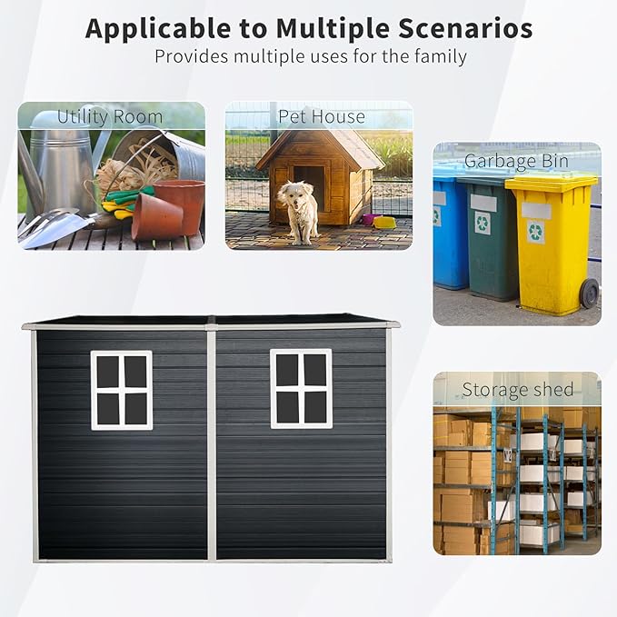 LANTRO JS Plastic Shed with Floor Included, Outdoor Plastic Shed, 4x8FT Storage Shed with Floor Included with Two Windows, Lockable Doors for Garden Tools
