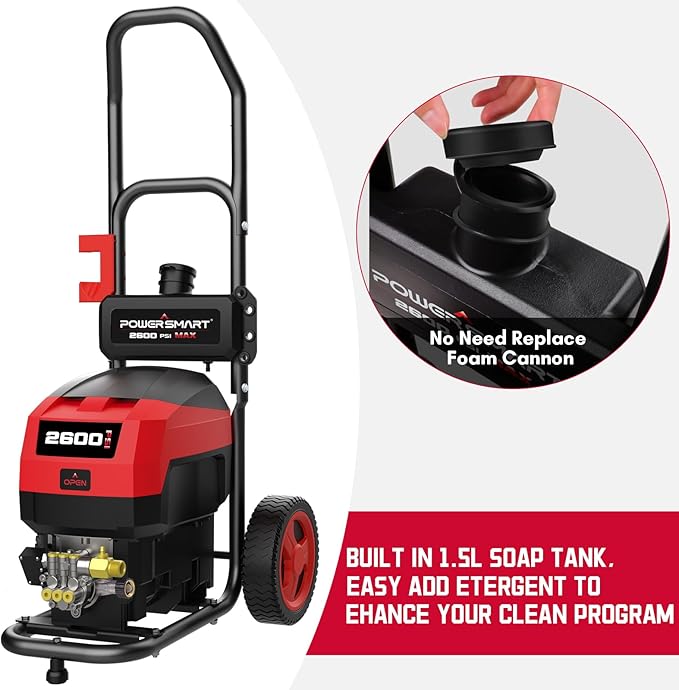 PowerSmart 80V 2600PSI Cordless Electric Pressure Washer, 6.0AH Battery Charger 1.2GPM, Battery Powered Electric Power Washer with 35FT Hose Reel, 27FT Hose, 5in1 Nozzle Set, Onboard Soap Tank