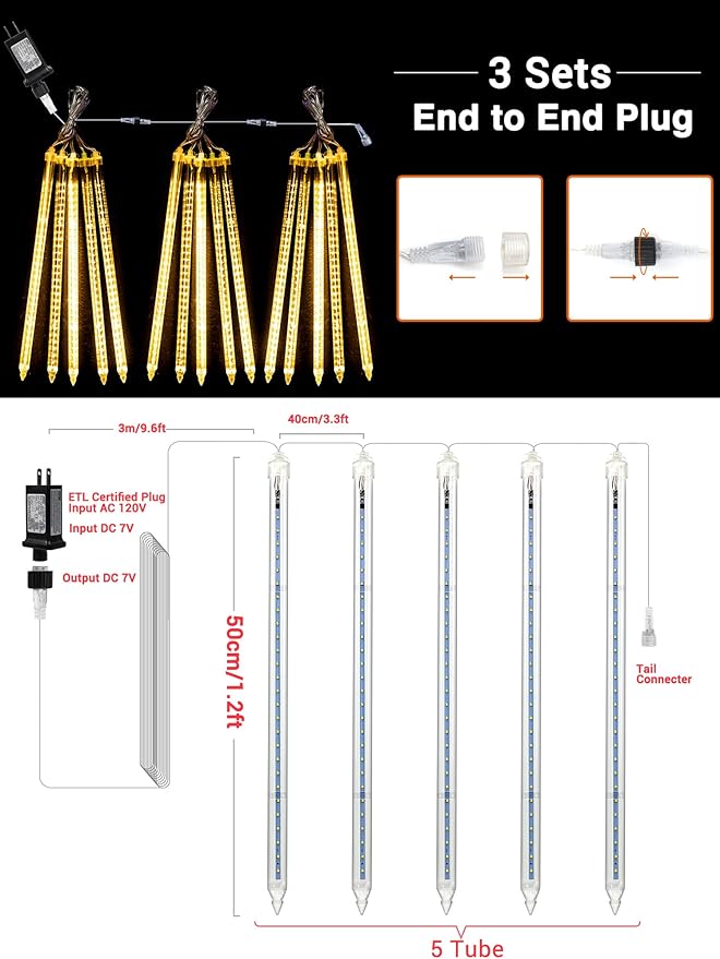 Flacchi Meteor Shower Icicle Lights - 5 Tubes 20" Each 270 LED Cascading Raindrop Lights, Timer Outdoor Waterproof Christmas Decorations for Holiday Party(Warm White)