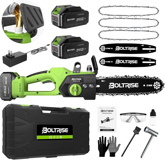12 Inch Cordless Brushless Electric Chainsaw, 2 × 4.0Ah Batteries & Auto Oiler Security Lock, 42 FT/S Powered Compact HandHeld Chain Saw, for Tree Trimming, Wood Cutting Garden, Pruning