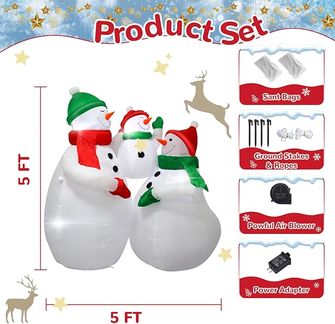 5 Feet Tall Inflatable Christmas Snowman Family Set Outdoor Holiday Decoration with LED Lights Perfect for Lawn Garden Entrance Christmas Party Joyful Atmosphere Family